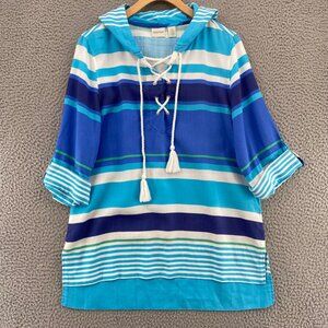Chicos Top Womens 0 US Small Blue Zenergy Striped Tie Up Tunic Long Sleeve Hood